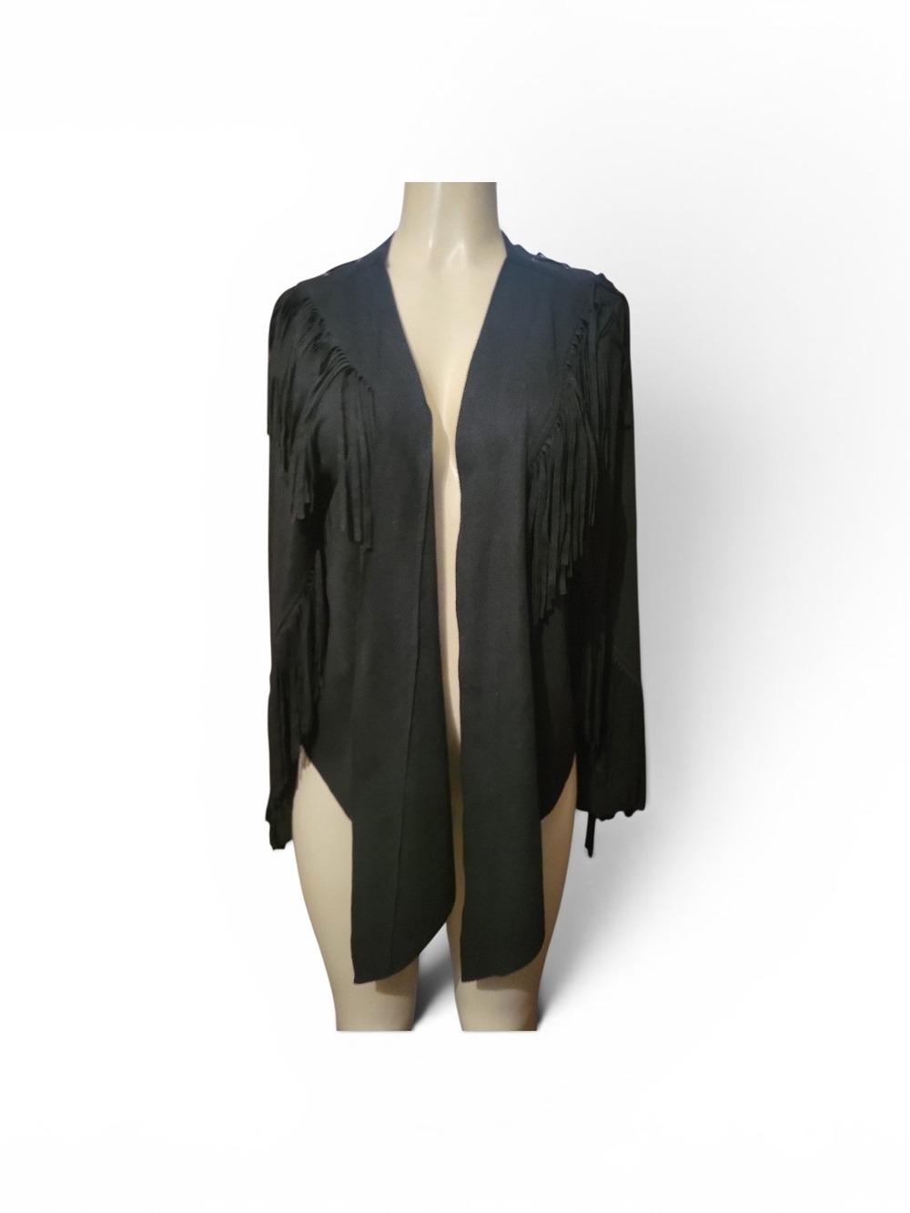Vocal Black Seude Fringe Open-Front Cardigan 1XL